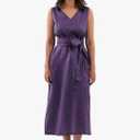 Amazhiyu Womens 100% Linen Summer V-Neck Midi Dresses Sleeveless with Pockets Size S (Missing Sash)