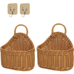 2Pcs Hanging Storage Baskets, Plastic Woven Hanging Basket with Hook, Flower Bin with Handle Kitchen Wall Basket for Ginger Garlic(Brown)