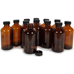 Vivaplex, 12, Amber, 8 oz Glass Bottles, with Lids.