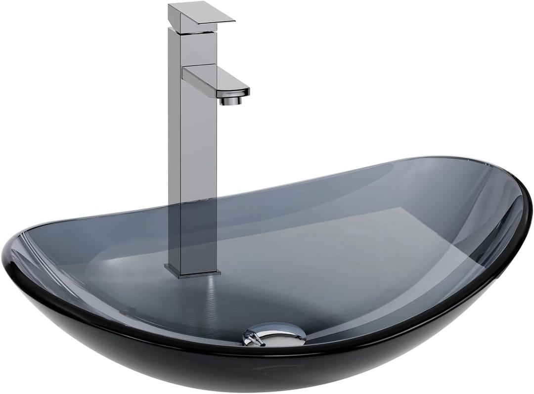 Bathroom Boat Shape Artistic Glass Vessel Sink Free Chrome Faucet and Pop-up Drain Set, Bluish Grey