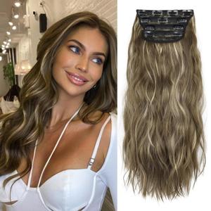 4PCS Clip in Hair Extensions Natural Soft Synthetic Hairpieces for Women Honey Blonde Mixed Chestnut Brown Extensins for Women(Honey Blonde Mixed Chestnut Brown)