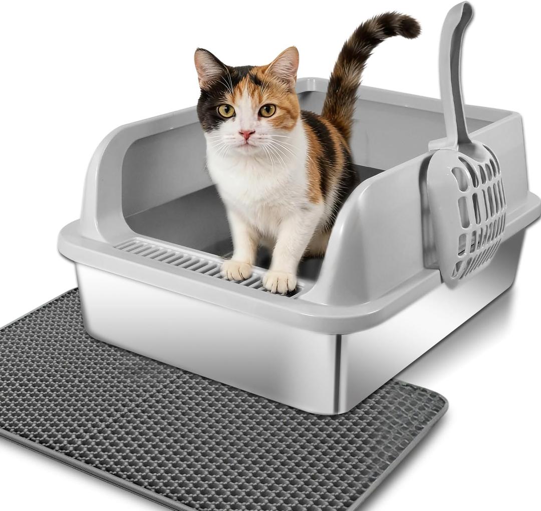 Stainless Steel Cat Litter Box, High Wall Kitty Litter Box for Small Cats, Metal Litter Box with Lid, Non-Sticky, Anti-Leakage, Easy Cleaning, Include Cat Mat and Scoop, 17.2"x13.2"x8.4"