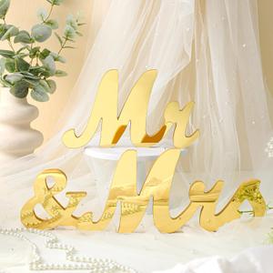 Yuntau Mr & Mrs Sign with Arylic Mirror Wooden Freestanding Letters Sweetheart Table Decorations & Photo Props for Wedding Anniversary Parties Photo Props, Rustic Shower Gift(Gold)