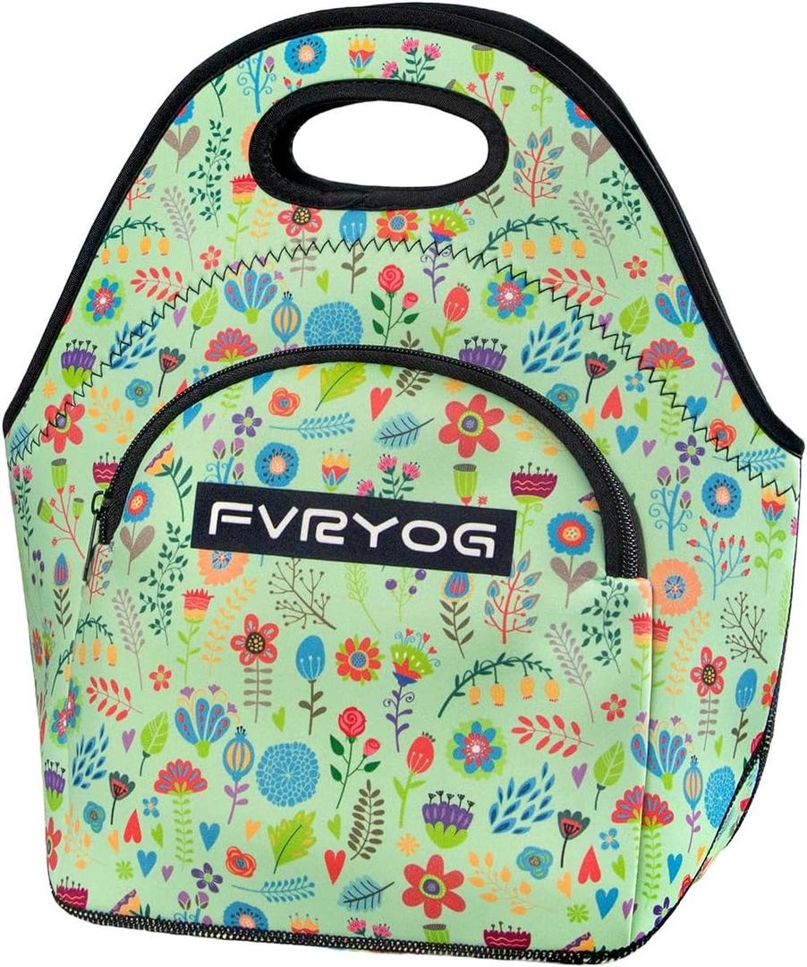 Neoprene Lunch Bag, Reusable Insulated Tote (9 Qt), Easy to Clean Inside & Out for Lasting Freshness, Odor-Free for Men & Women 13.4 * 13.4 In (Medium, Green Flowers)