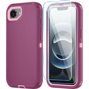 Phone Case for iPhone 16e Case & iPhone 17e Case with HD Screen Protector, Heavy Duty Shockproof & DustProof & 3-Layer Cover Phone Case for iPhone 16e/17e,WineRedPink
