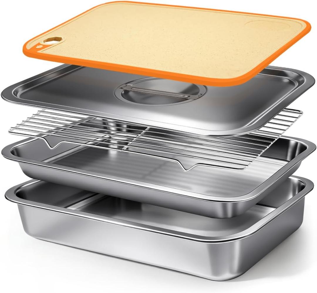 Grilling Prep and Serve Trays with Lid, Stainless Steel Extra Large Grill Carry System, Deep Marinating Container with Cutting Board for BBQ Outdoor Grilling (XL - 15.6" x 11.6", Home)