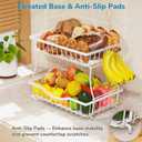 White 2 Tier Large Fruit Basket for Kitchen Counter with 2 Banana Hangers, Metal Fruit Bowl for Onion Vegetable Bread Snack, Countertop Organizer 14.5" W x 9.5" D