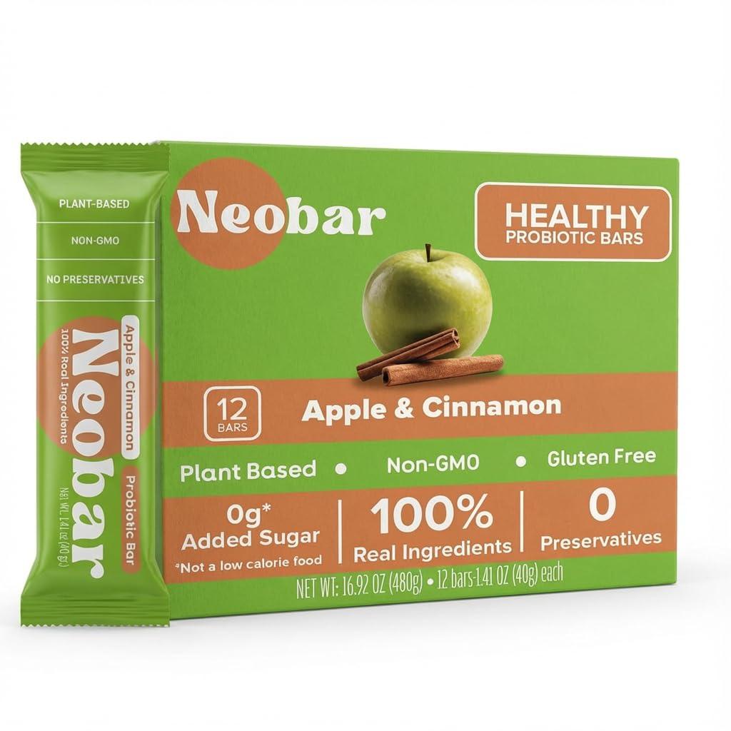 NEOBAR Apple Pie, Apple Cinnamon Probiotic Bars - Plant-Based Vegan Fruit and Nuts Snack Bars, Gluten Free Dairy Free Snacks, No Added Sugar, No Preservatives, Non-GMO |12 Count (EXP 10/01/26)