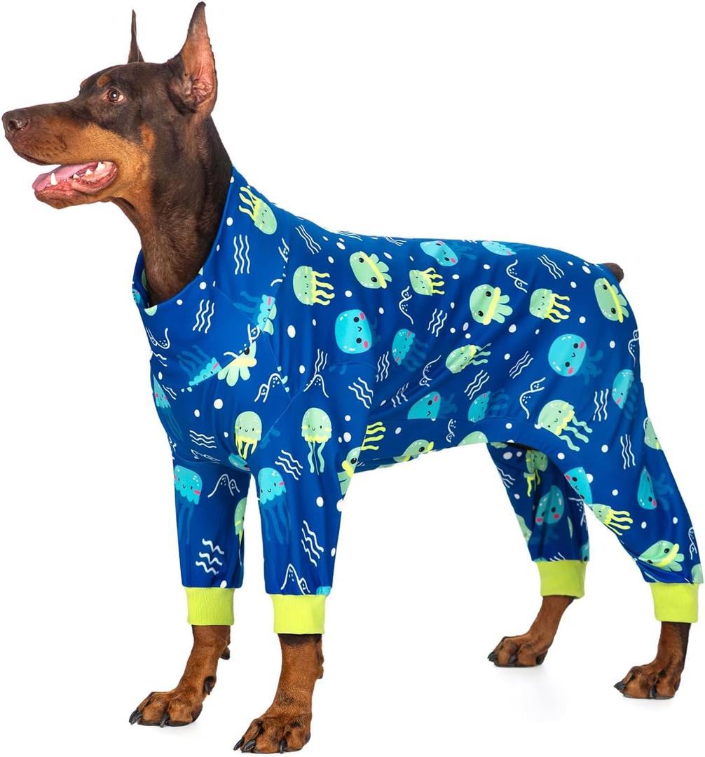 Large Dog Pajamas Pet Recovery Shirt Dog Pjs Cute Lightweight Stretchy Knit Pullover Large Dogs Pajamas Onesie for Small, Medium and Large Breeds (XXXX-Large (75-95lb), Blue Jellyfish)