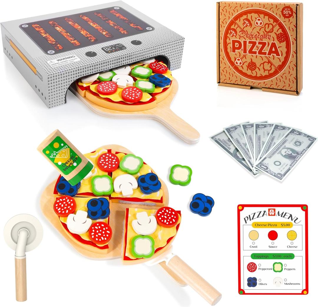 WOODMAM Pizza Toy Set, Montessori Realistic Play Food with Oven Box, Educational Learning Toys for Preschoolers Toddlers Age 3 4 5 6, Christmas Birthday Gift for Kids