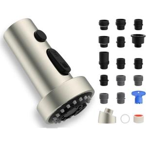 Universal Kitchen Faucet Head Replacement with 15 Adapter Kit Compatible with American Standard/Kohler/Moen/Delta, 3 Function Pull Down Sink Faucet Spray Head, Brushed Nickel