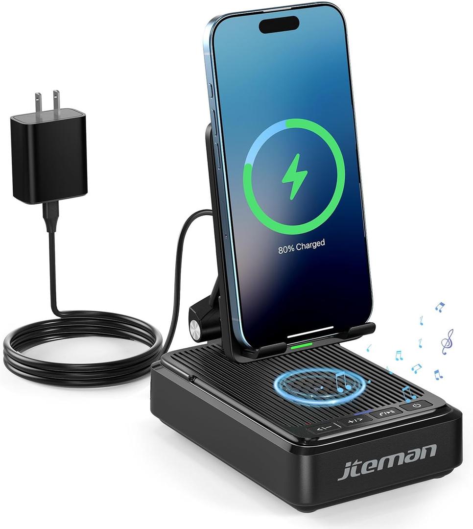 Jteman Cell Phone Stand with Bluetooth Speaker and Wireless Charger, Desktop Charging Station Stand Speaker for iPhone, Christmas Birthday Gift for Men Women (Black)