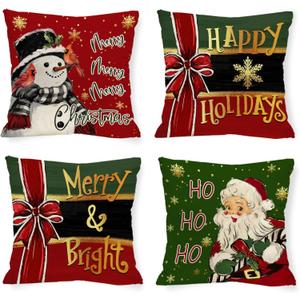 Christmas Snowman Pillow Covers Xmas Santa Claus 18 x 18 Inch Throw Pillows, Happy Holidays Winter Seasonal Snowflakes Decorative Farmhouse Cushion Case for Sofa Couch Set of 4
