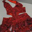 SHENHE Women's Skirt Set Y2k 2 Piece Outfits Leopard Halter Backless Top and Animal Ruffle Mini Skirt Sets (Deep Red, S)