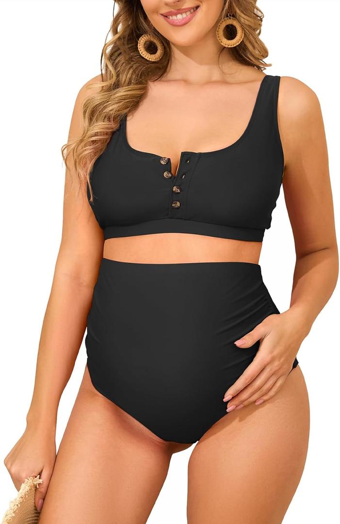 Zando Maternity Swimsuit High Waisted Bikini Set Button Down Maternity Bathing Suit 2 Piece Swimsuit for Women (Medium, Black)