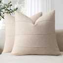 Decorative Linen Throw Pillow Covers 18x18 Set of 2 Solid handcrafted Striped Cushion Covers for Bed Soft Modern Farmhouse Neutral Pillowcase for Couch Bedroom Living Room Home Decor(Natural Beige)