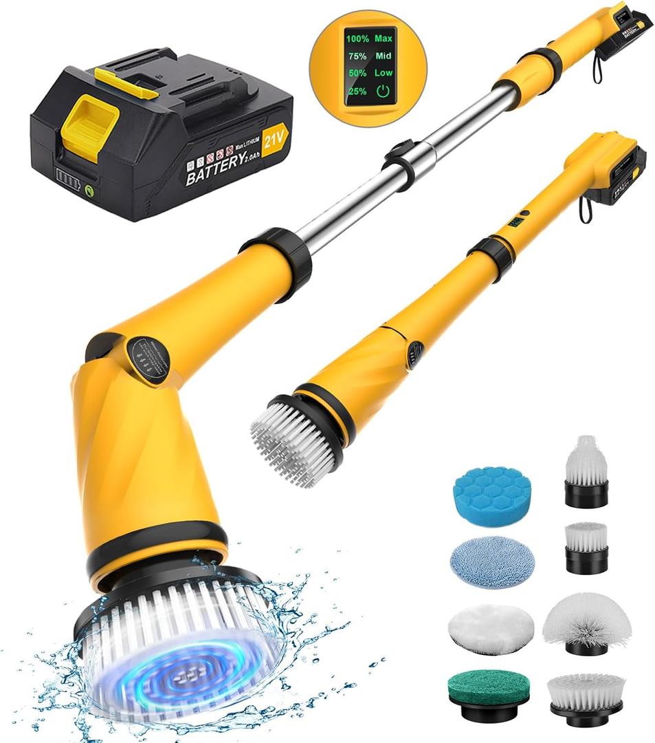 Qimedo Upgrade 1200 RPM Battery Electric Spin Scrubber, Highly Powerful Cordless Cleaning Brush with Smart Display, Electric Tile Floor Scrubber with 8 Brushes, Battery Powered Shower Scrubber (Scrubber with 49.5-Inch Handle, Yellow)