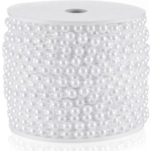 Half-Round Pearl Bead Garland String 27 Yards, 6MM Flat Pearl Beaded Spool Roll Crafts for Wedding Party Decoration(White)
