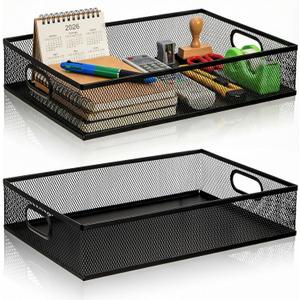 Elsjoy 2 Pack Desk Drawer Organizer Tray, Metal Mesh Desktop Storage Tray Office File Organizer with Handle, Portable Large Storage Basket for Office Supplies, Craft, Magazine, Paper