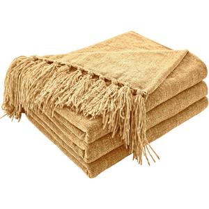 CozeCube Chenille Throw Blanket for Couch, Cozy Plush Fuzzy Decorative Light Brown Blanket with Fringe Tassels, Lightweight Throws for Bed Sofa Gift Home Decor, 50"X60"