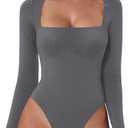 QINSEN Women's Sexy Square Neck Bodysuit Long Sleeve Double Lined Shirt Tops (Medium, Dark Grey)