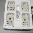 Christmas Village Sets of 17 Include 4 LED White Ceramic Christmas Village Houses with 4 Ceramic Xmas Trees Plastic Truck 7 Branch Trees for Rustic Farmhouse Xmas Decorations Indoor Home