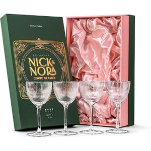 Vintage Art Deco Nick and Nora Coupe Glasses | Set of 4 | 5 oz Crystal Ribbed Cocktail Glassware for Drinking Classic Gin, Whiskey, Vodka Bar Drinks | Retro Long Stemmed Barware Goblets