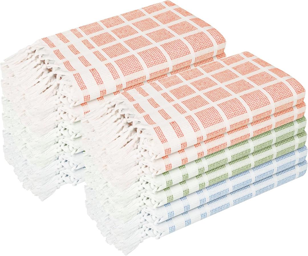 Multi Dotted Matrix Towels 12 Pack, 100% Cotton, 16x26 Inch, Decorative Tassel Kitchen Towels, Absorbent & Fast Drying Dish Cloths for Daily Use, Bright Orange, Mint Green, Sky Blue