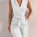 Women's Elegant Jumpsuits V Neck Sleeveless Straight Belted Long Pants Business Suits Set with Pockets, White M