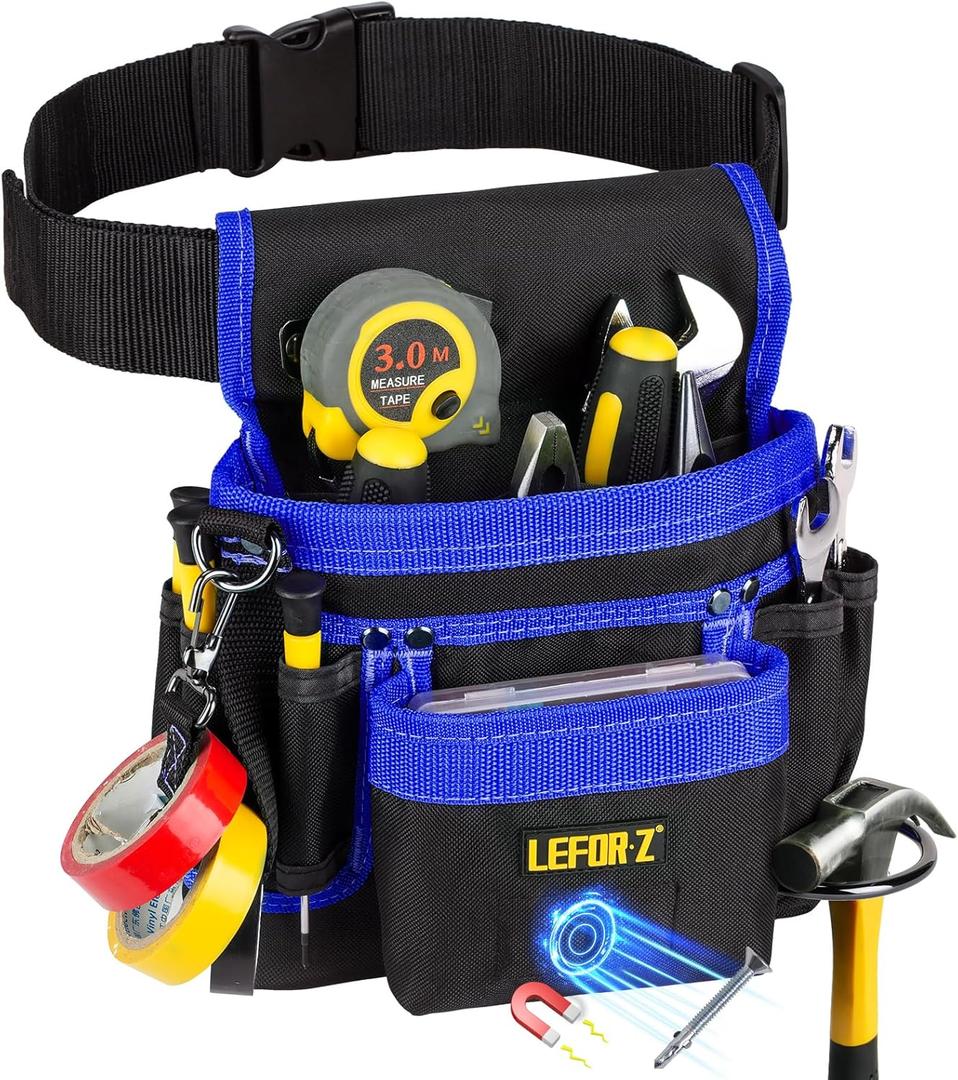 Tool Belt,Magnetic Tool Pouch,14-Pockets Tool Belts for Men,Detachable & Adjustable Tool Pouch belt for Electrician,Carpenter,Construction,Work Apron,Utility Belt,Black-Blue