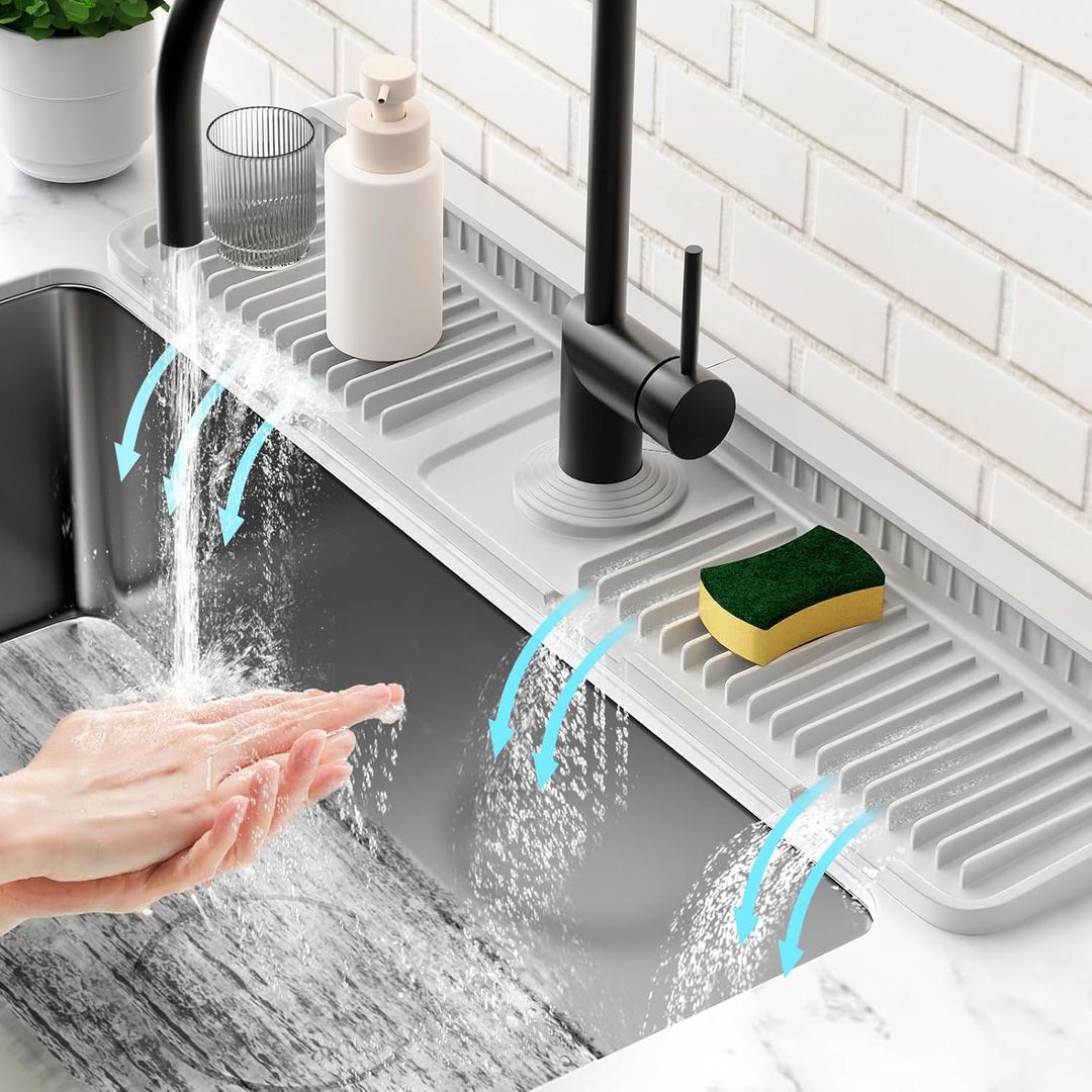 24'' Folding Faucet Mat for Kitchen Sink Splash Guard[7 Slope Fast Self-draining][Snap Lock Fit] Kitchen Sink Faucet Mat Splash Guard Kitchen Sink Area Water Splash Guard Behind Faucet Draining Mat (24" x 5.5", Light Gray)
