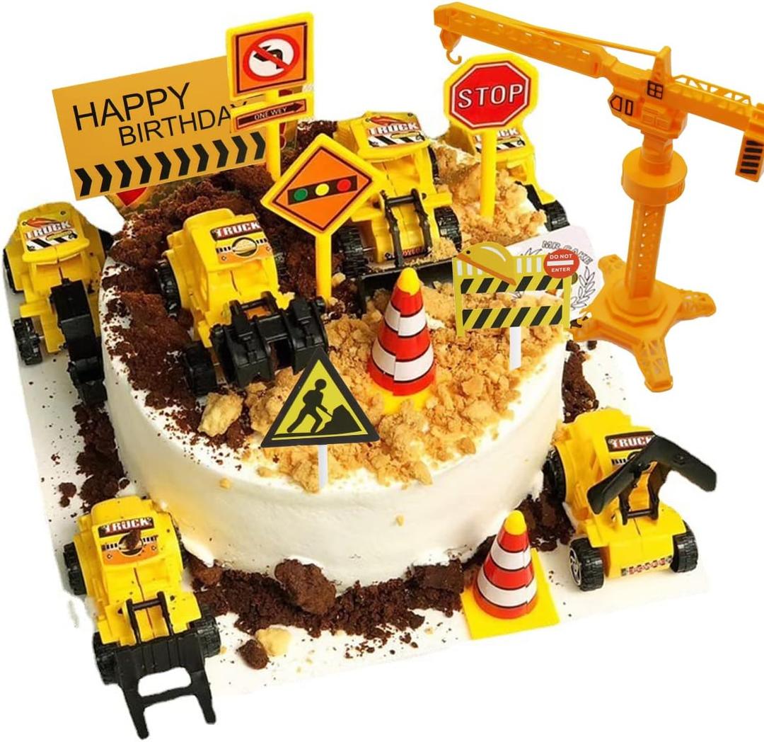 18 PCS Construction Cake Toppers Vehicles Cake Decoration Set Excavator Tower Crane Cupcake Topper Traffic and Road Sign Decor Happy Birthday Party Supplies Favors