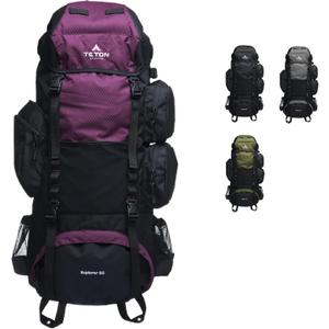 Teton 65L Explorer Internal Frame Backpack for Hiking, Camping, Backpacking, Rain Cover Included, Huckleberry
