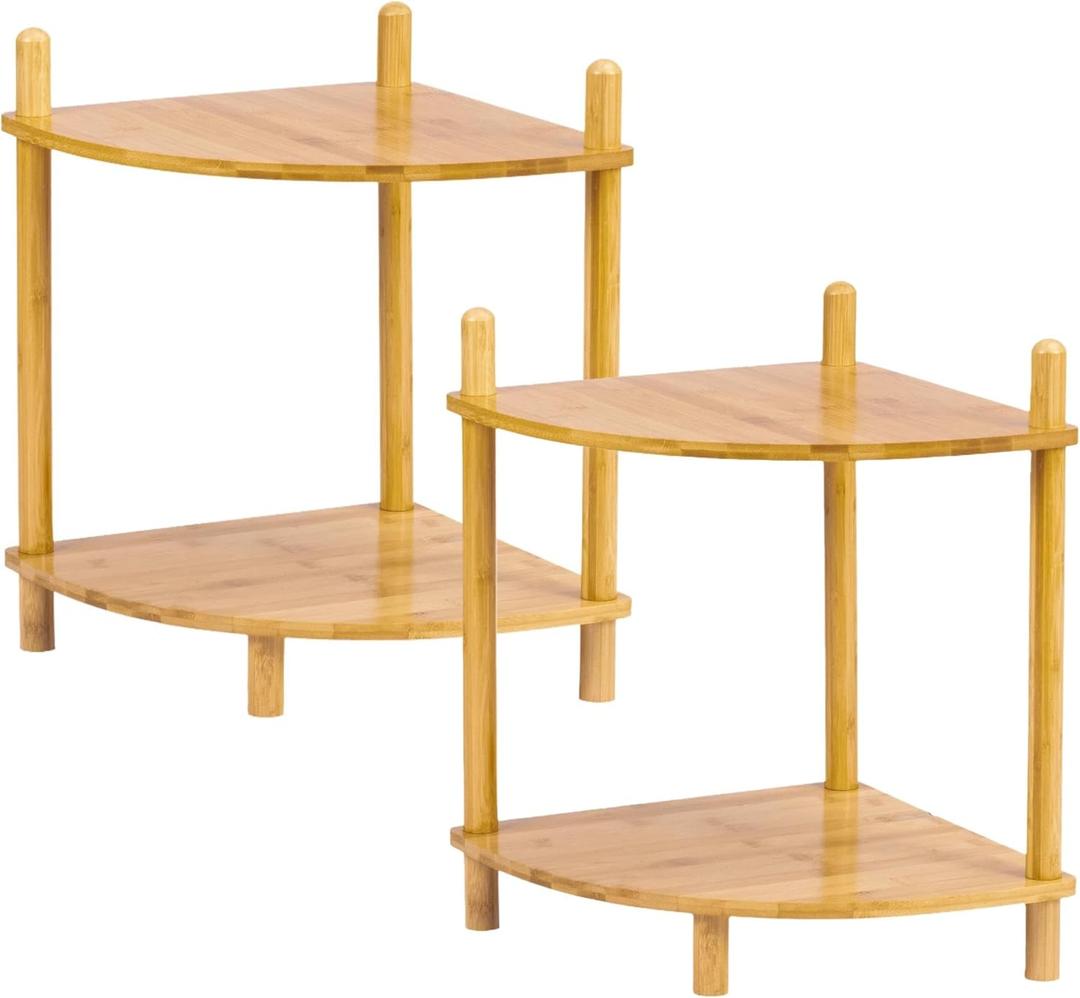 2Pc 2-Tier Expandable Bamboo Corner Shelf Stand,Corner Bookshelf, Small Corner Table，Display Storage Shelves with Open Shelves, for Living Room Kitchen Bedroom Office, 12.9"W & 12.9"D
