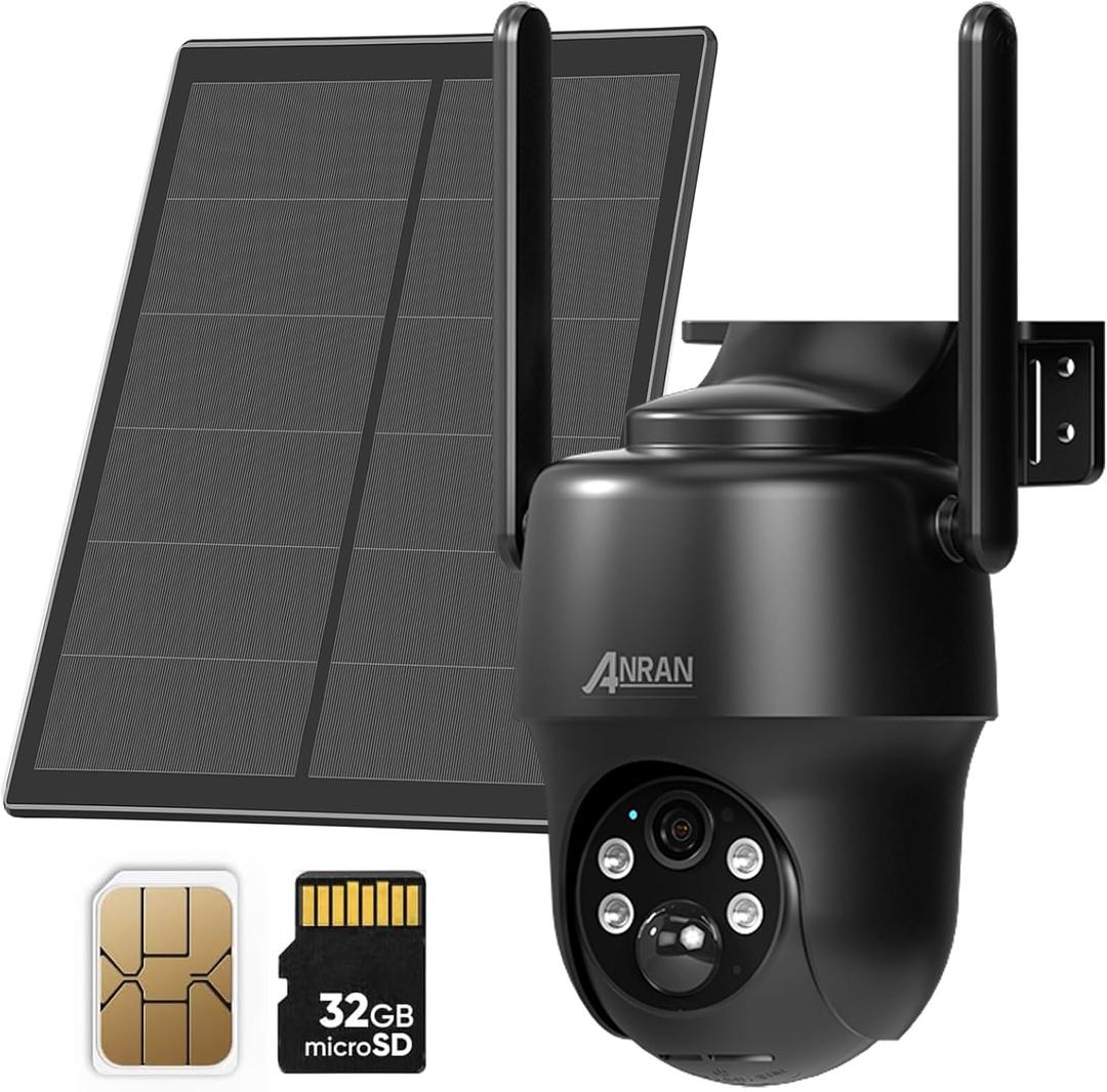 ANRAN 4G LTE Cellular Solar Security Camera Wireless Outdoor,No WiFi 2K Solar Powered Camera,Color Night Vision,360 Live View, PIR Motion Sensor,2 Way Talk,Black (SIM Card & 32GB SD Card Included)
