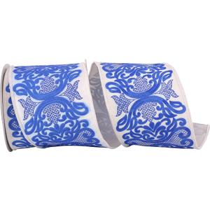 Reliant Ribbon 93861W-685-10F Regal Filigree Printed Dupioni Wired Edge Ribbon, 4 Inch X 10 Yards, White/Blue