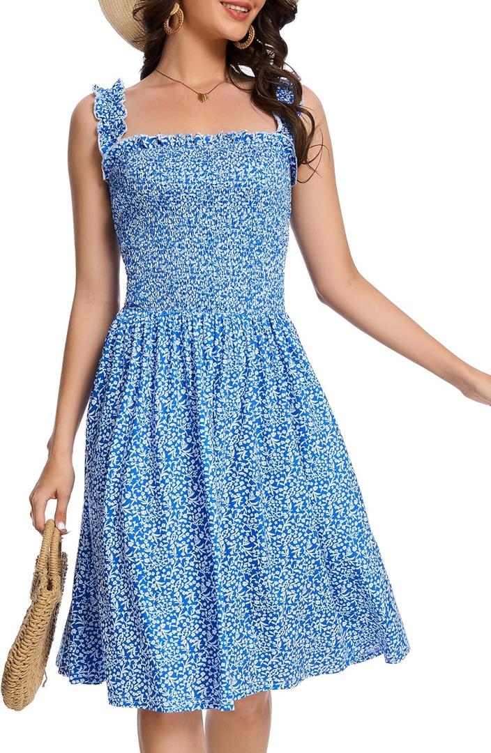 Floral Print Sundress for Women Square Neck Sleeveless Smocked Flowy Mini Short Boho Summer Dresses (Large)