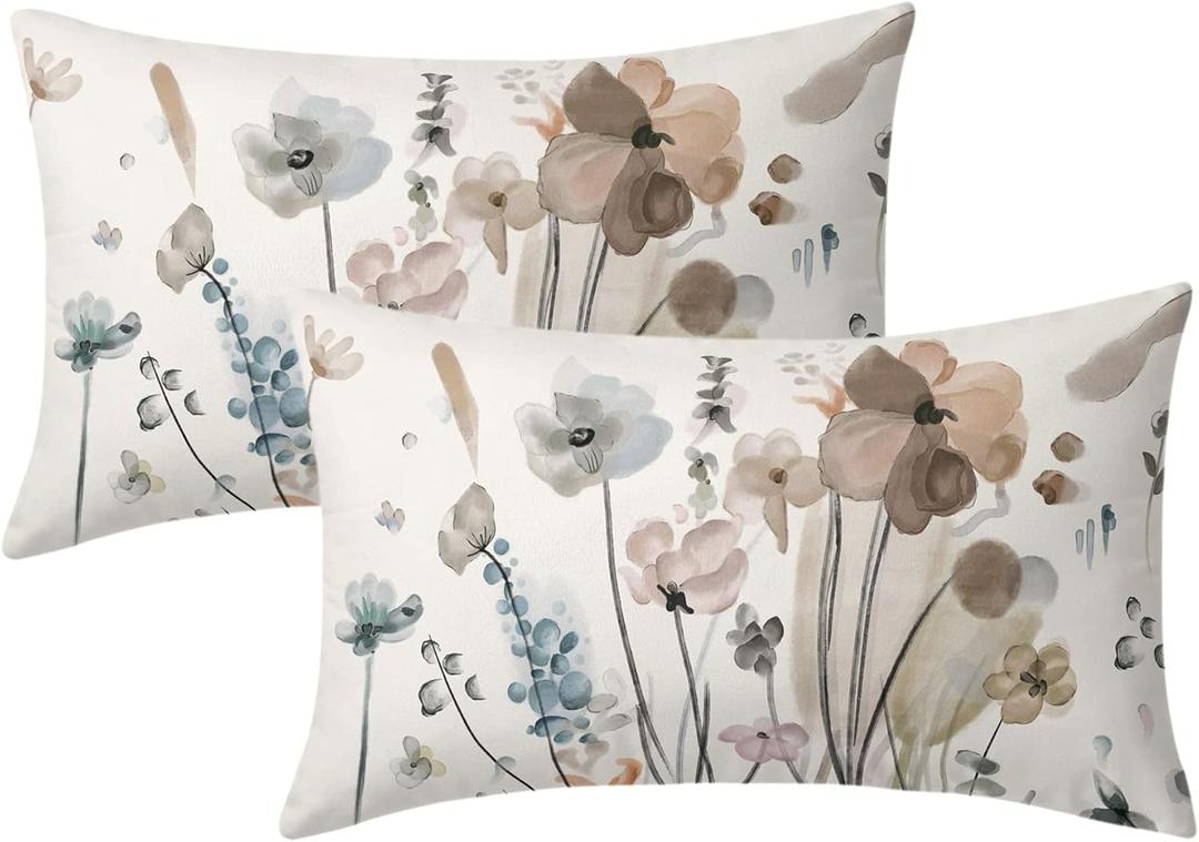 Watercolor Floral Pillow Covers 12X20 In Brown Cream Grey Teal Flower Lumbar Pillow Cases Rustic Abstract Modern Recgantle Throw Pillows Set of 2 Spring Summer Home Decor For Room Bedroom Cushion