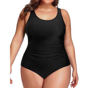 Daci Women Black Plus Size One Piece Swimsuit Athletic Tummy Control Ruched Bathing Suit with U-Back XL