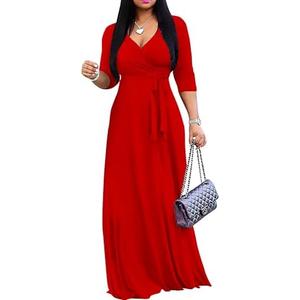 Mrskoala Women Plus Size Long Maxi Wrap Dresses Summer Sundress V-Neck 3/4 Sleeve. 2XL Red