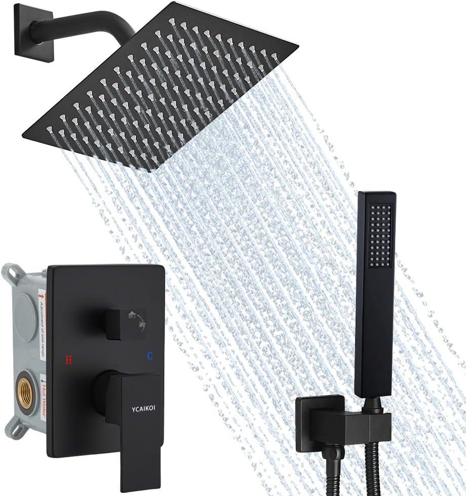 Matte Black Shower System, 8 Inch High Pressure Rain Shower with Handheld, Wall Mount Shower Faucet Set for Bathroom, Rough-in Valve Body and Trim Included