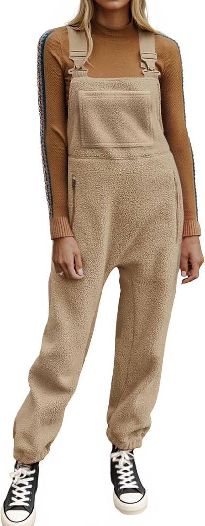 Ebifin Women's Fleece Warm Overalls Winter Loose Casual Jumpsuits with Pockets (X-Large, Khaki)