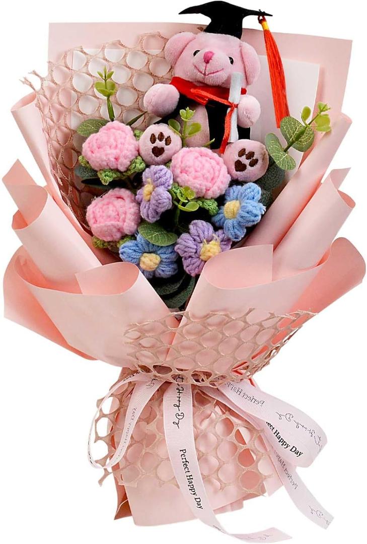 Graduation Gifts Crochet Flowers Bouquet, Handmade Sunflower Rose Bear Graduations Flower Bouquet for Birthday, Teacher Appreciation Gifts, Christmas, Home Dcor (Include Card) Pink