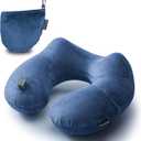 Inflatable Neck Pillow Airplane, Comfortable Inflatable Travel Neck Pillows for Airplanes Traveling on Plane, Soft Plush Cover Head Neck Rest Sleeping Long Flight for Car Train Office Home (Medium, Dark Blue)
