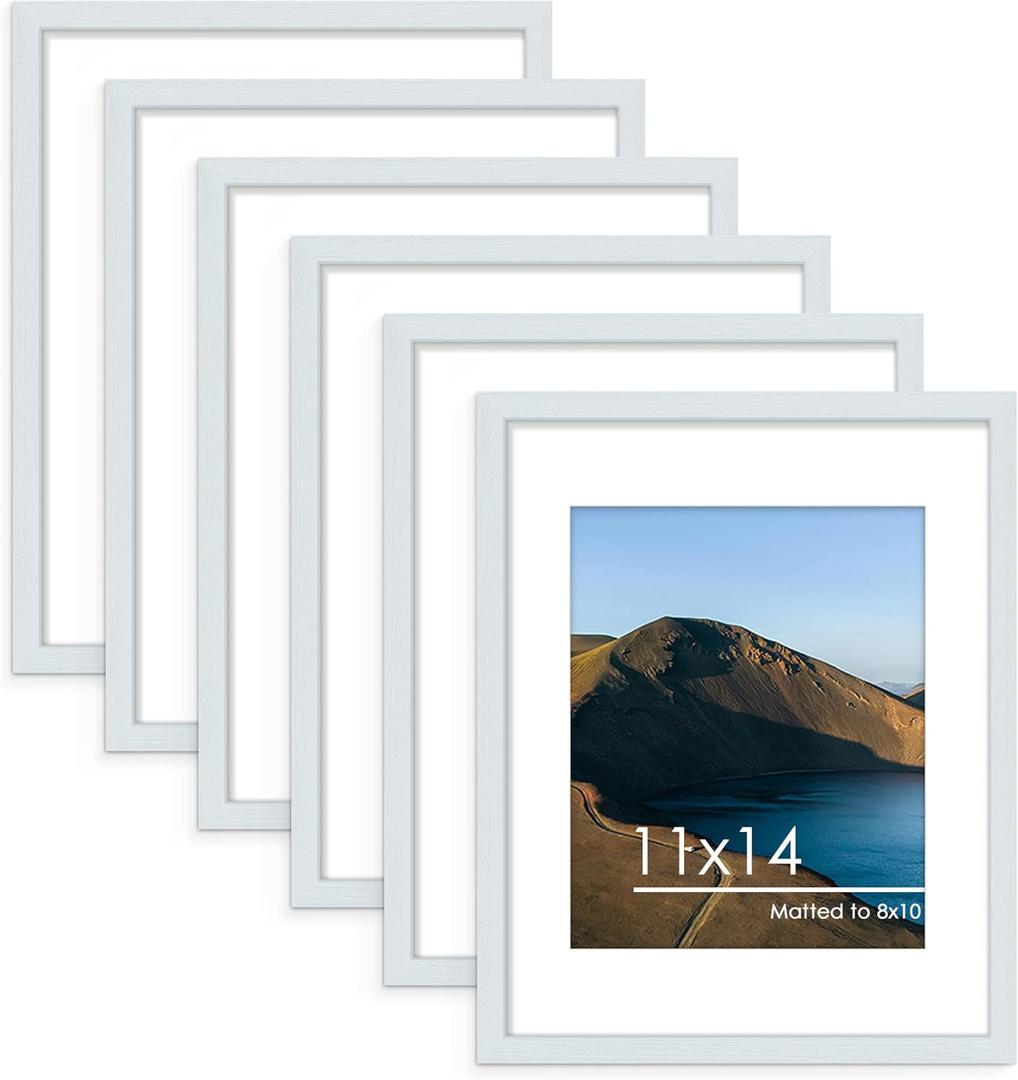 PEALSN 11x14 Picture Frame Set of 6, Display Pictures 8x10 with Mat or 11x14 without Mat for Wall Mounting or Table Top Display, Photo Frames Collage for Wall Decor, Blue