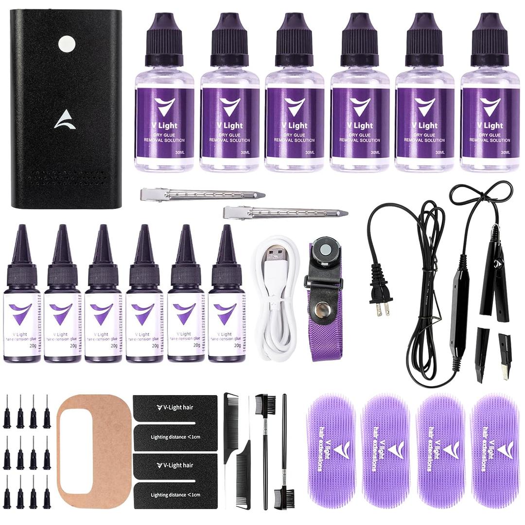 V Light Hair Extension Machine Kit, Hair Extensions Tool Set for Professional Hair Extensions Including Hair Extension Machine*1 Hair Glue*6 Remover*6