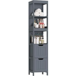 HOMEFORT Bathroom Storage Cabinet, Slim Tall Cabinet, Narrow Floor Cabinet Organizer, Wooden Linen Tower with 2 Drawers and 3 Shelves, Freestanding Storage Cupboard Grey (11.8"D x 11.8"W x 57"H)