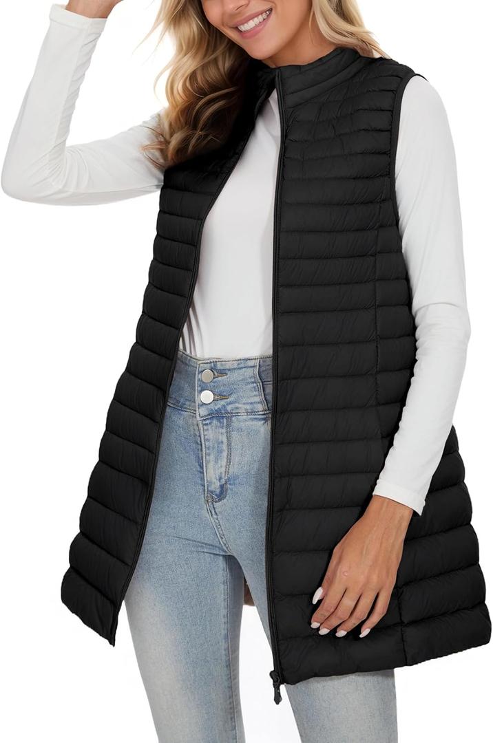 ELFJOY Long Puffer Vest Women Winter Ultra Light Long Down Vest with Stand Collar Black Womens Vests Outerwear (X-Large)
