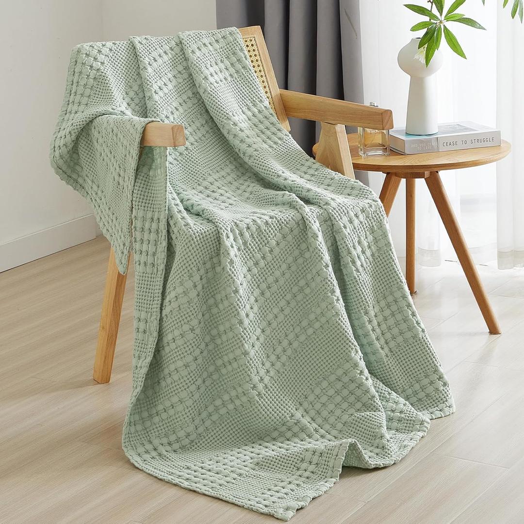 PHF 100% Cotton Waffle Weave Throw Blanket, Soft Lightweight Breathable Cozy Summer Throws for Couch Bed Sofa, Luxury Aesthetic Woven Blanket for Home Decor & Office, 50"x60", Sage Green (Throw(50"x60"))