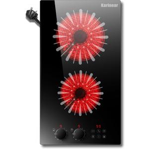 Karinear 110V Electric Cooktop 2 Burners, 12 Inch Electric Stove with Plug in, Countertop & Built-in Ceramic Stove Top, Knob and Sensor Touch Control, Multifunctional Radiant Stove(Black Knob)